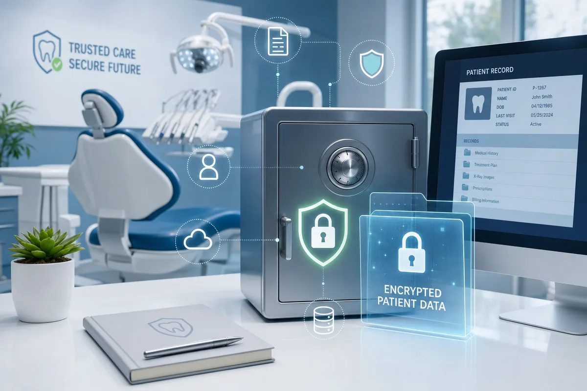 Illustration of a dental office computer and secured patient-record storage