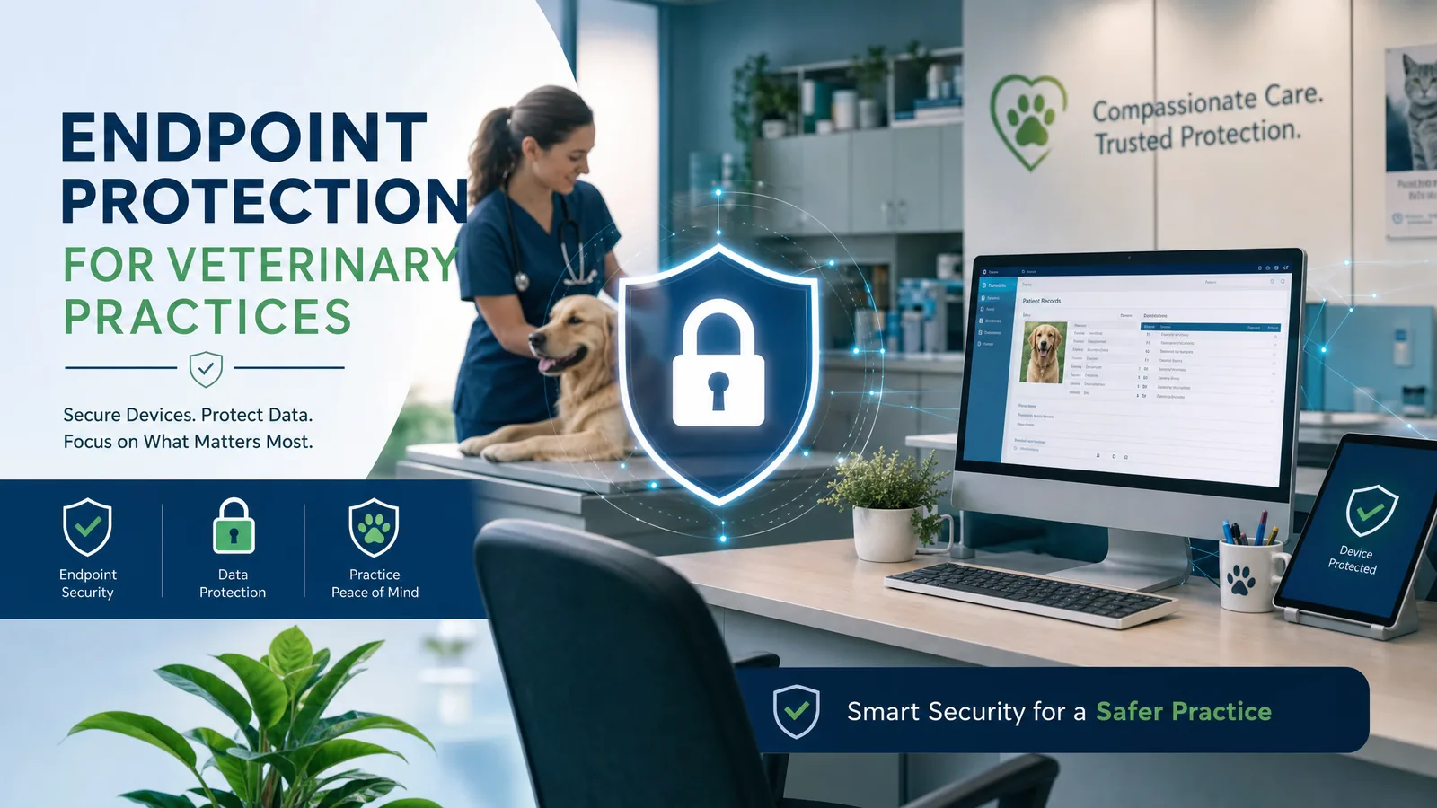 Illustration of a veterinary clinician with a dog and protected clinic computers